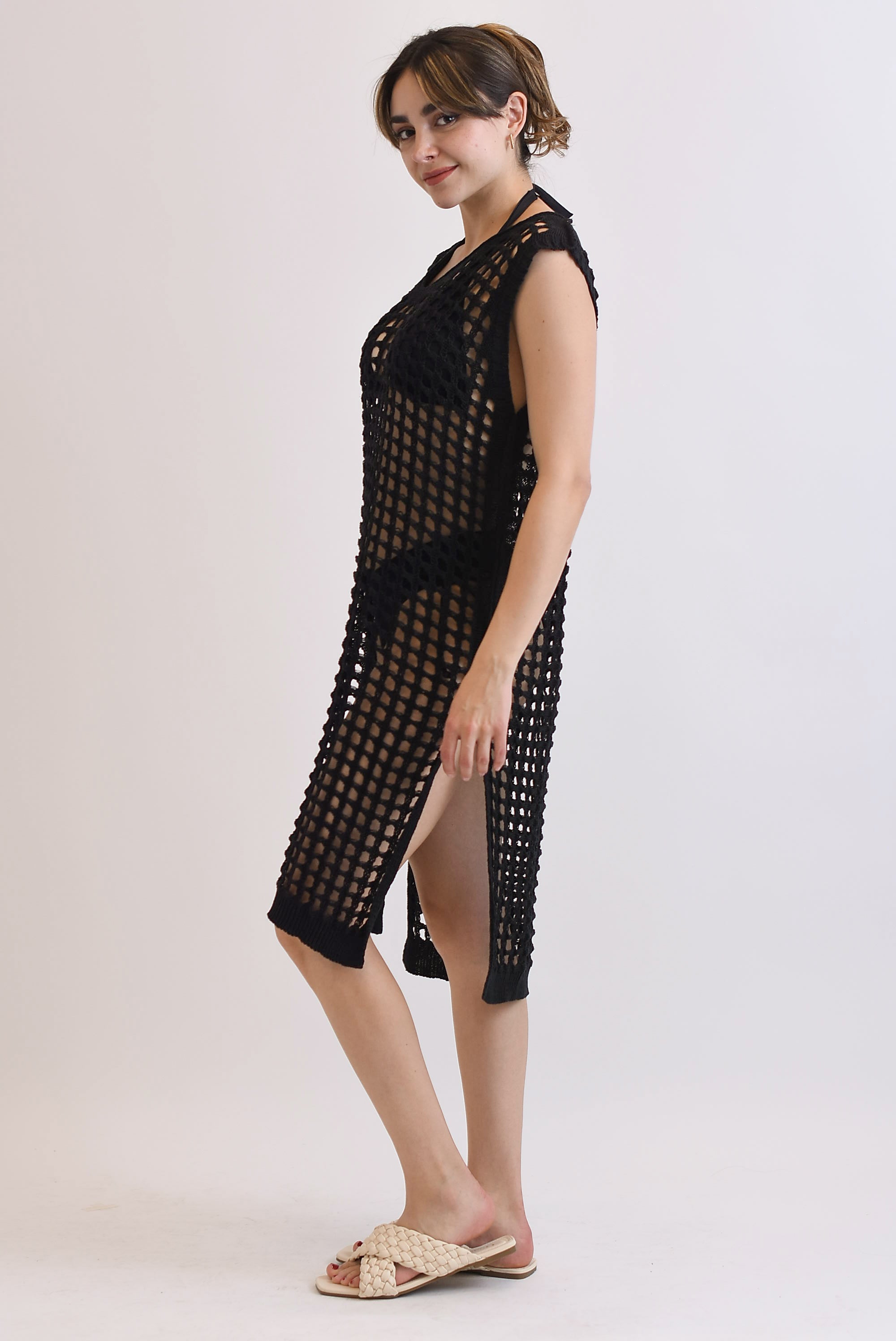 Vestido midi crochet sin manga Negro