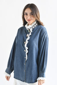 Fashion Styled Blusa botones joya filos encaje Denim Dark