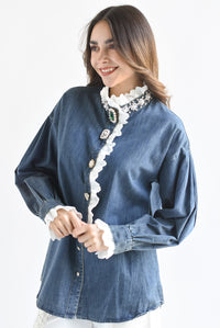Fashion Styled Blusa botones joya filos encaje Denim Dark