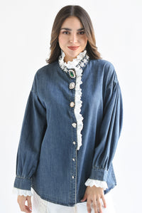 Fashion Styled Blusa botones joya filos encaje Denim Dark