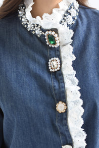 Fashion Styled Blusa botones joya filos encaje Denim Dark