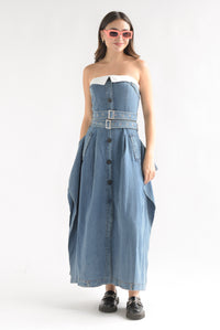 Fashion Styled Vestido Denim strapless globo