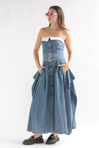 Fashion Styled Vestido Denim strapless globo