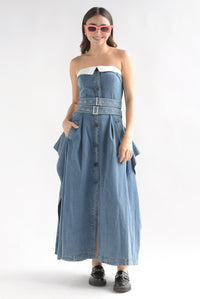 Fashion Styled Vestido Denim strapless globo