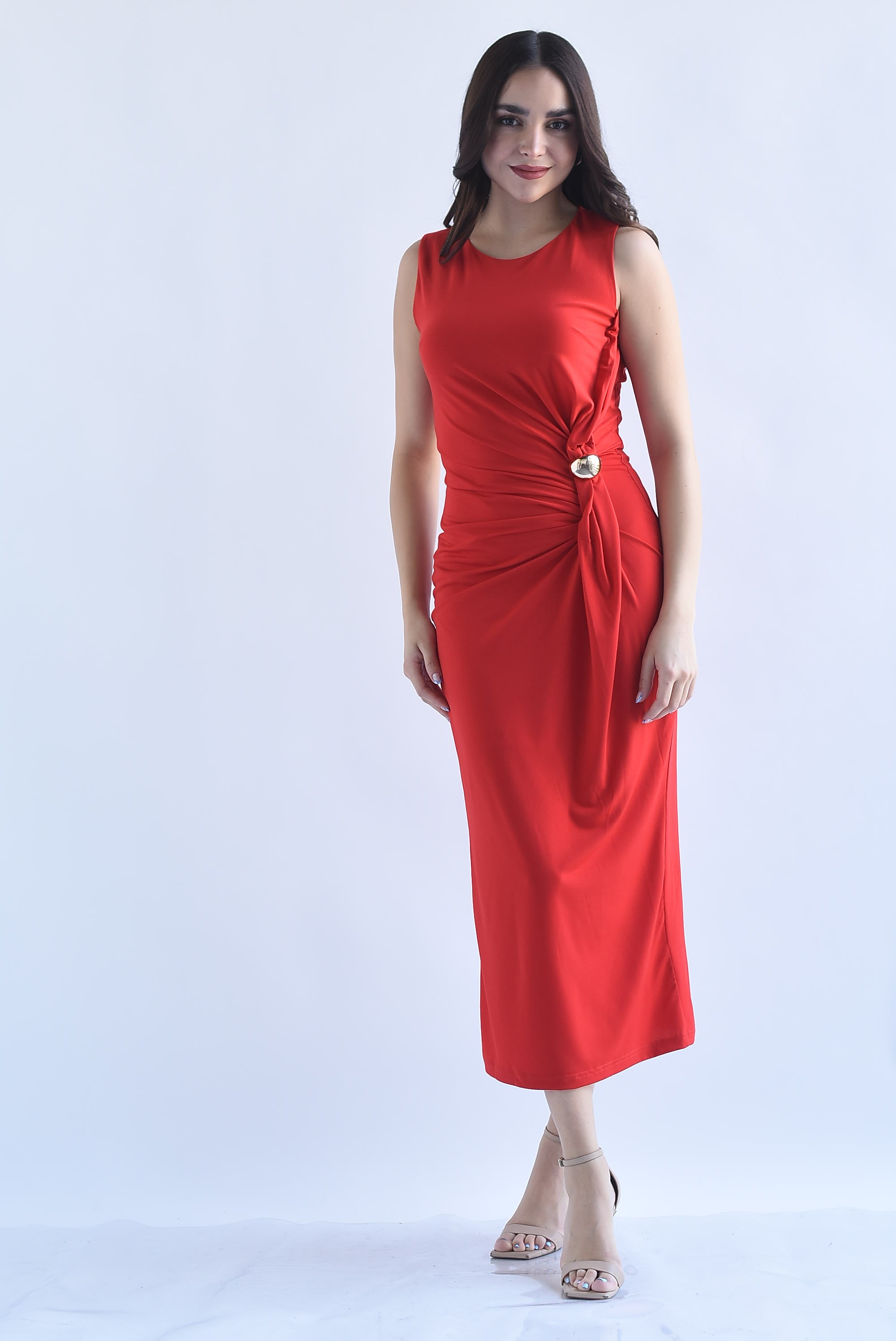 Vestido drapeado nudo broche