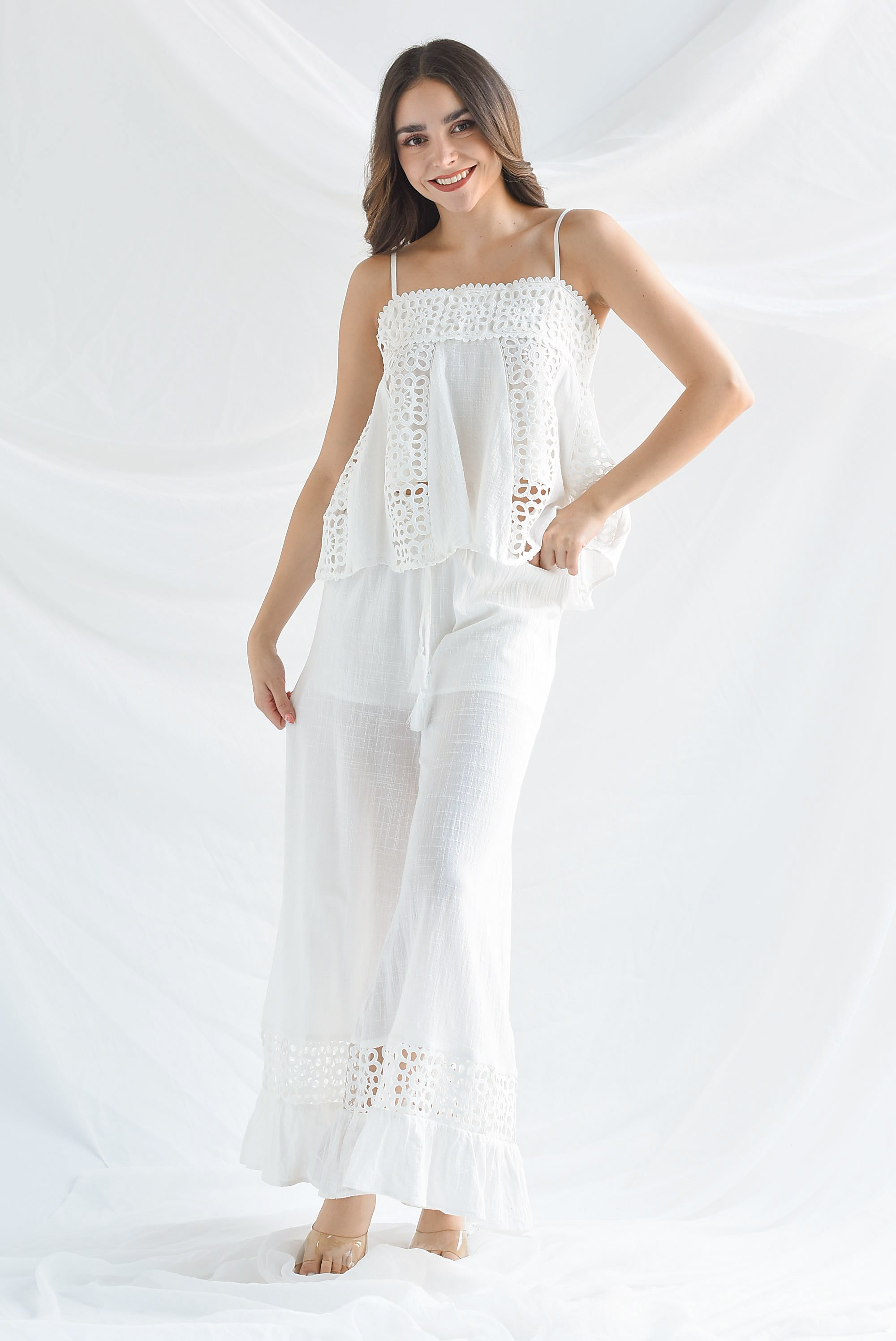 Set Pantalón y Blusa tira guipur Blanco