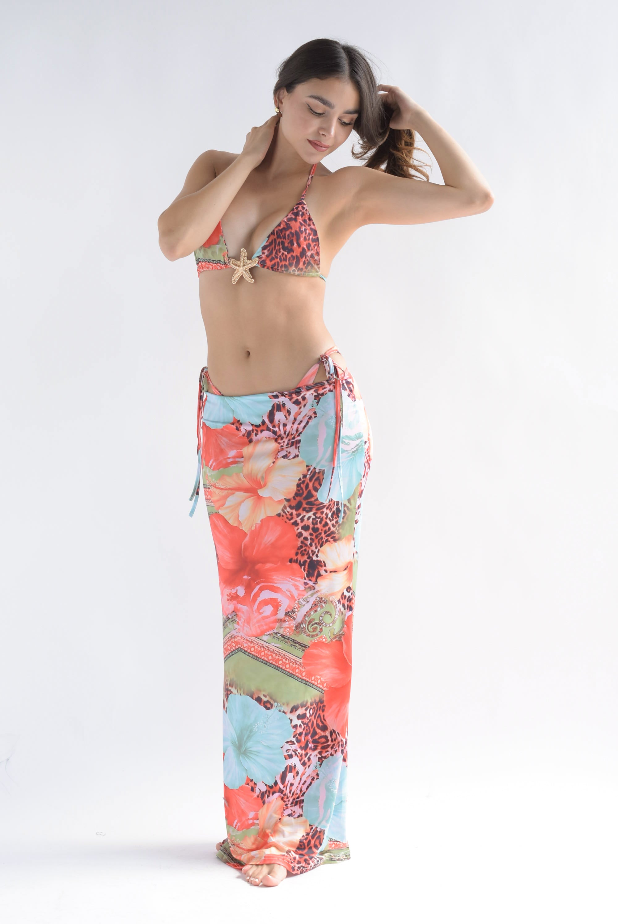 Set Bikini estrella y Cover-up animal print Naranja