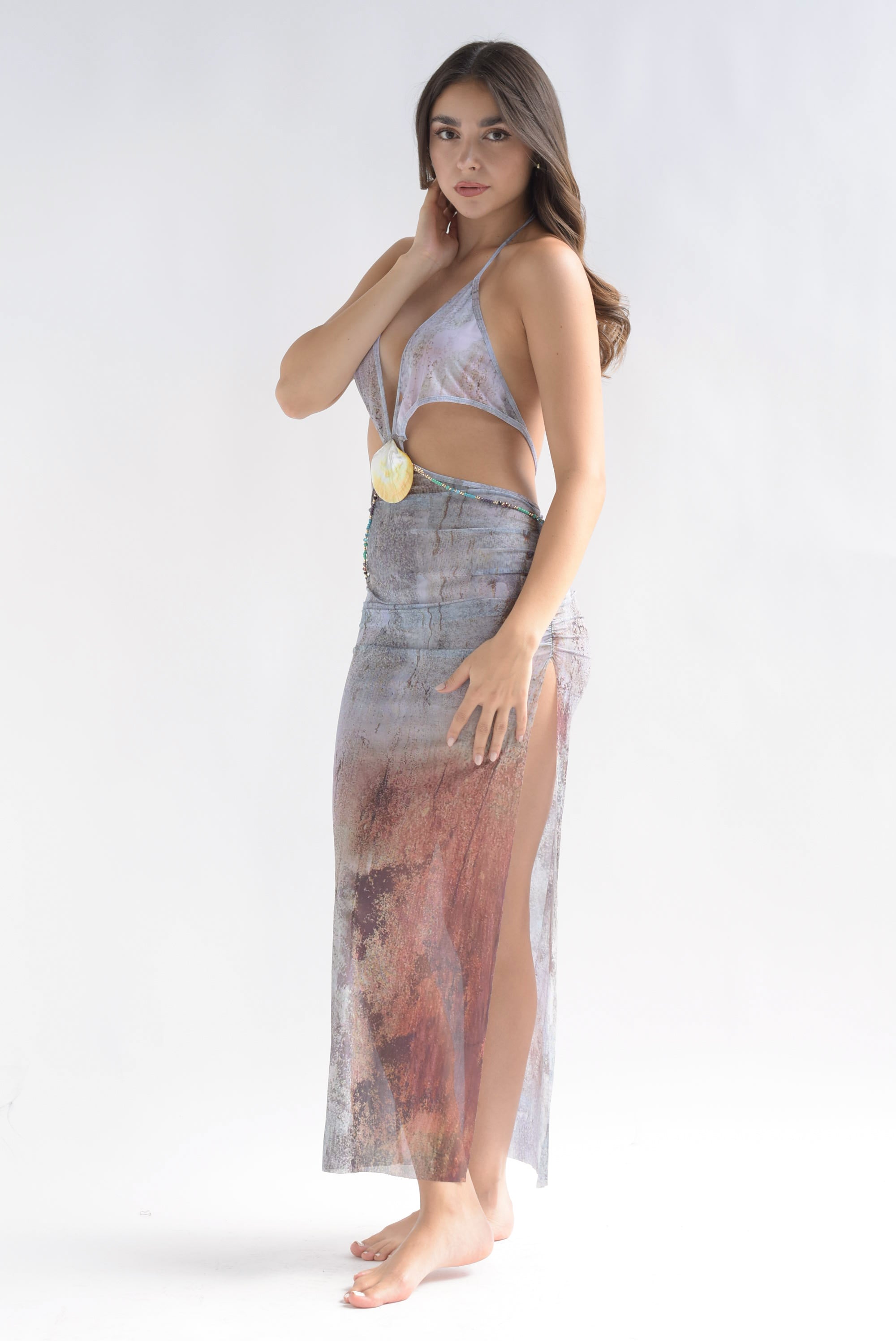 Vestido mesh cut-out concha