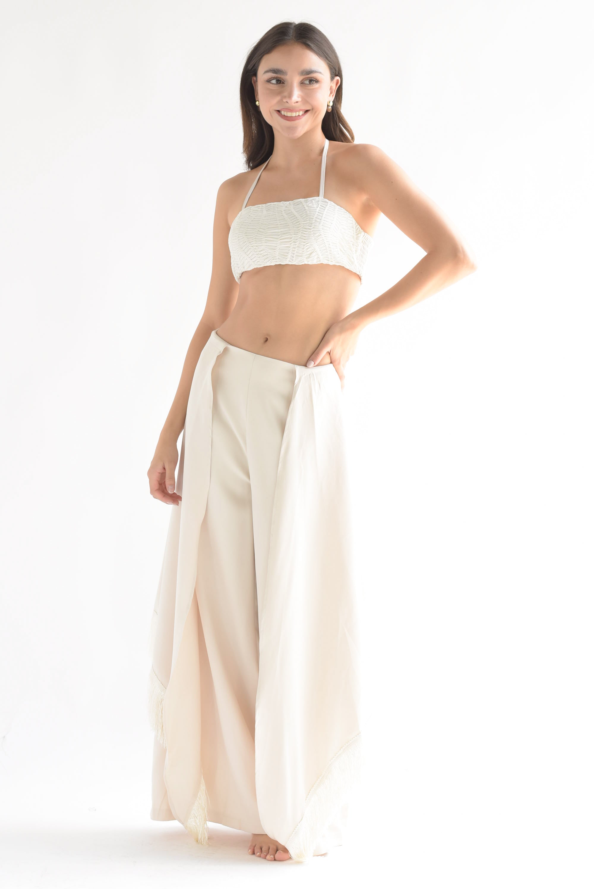 Set Pantalón cauda flecos y Top corrugado Ivory
