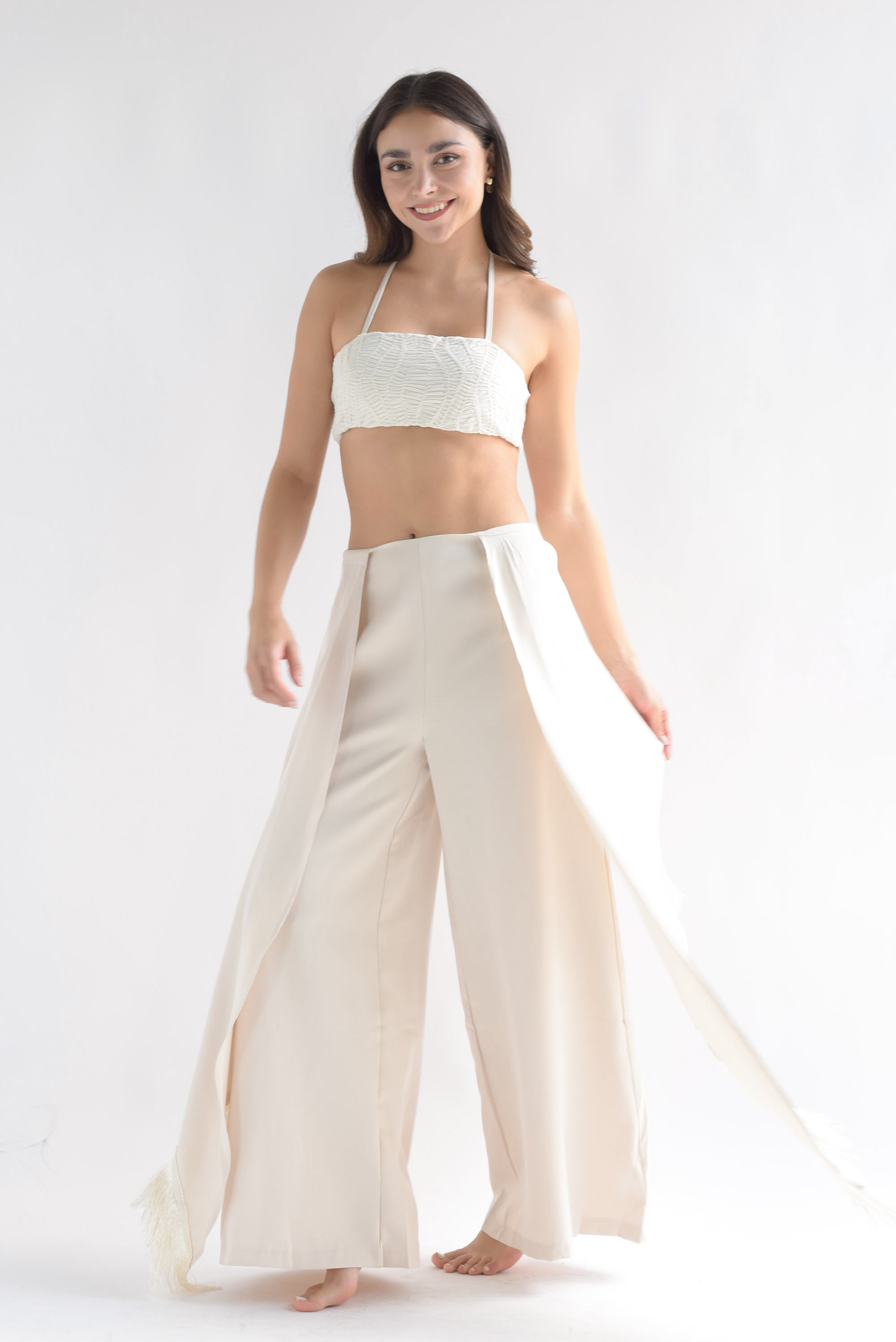 Set Pantalón cauda flecos y Top corrugado Ivory