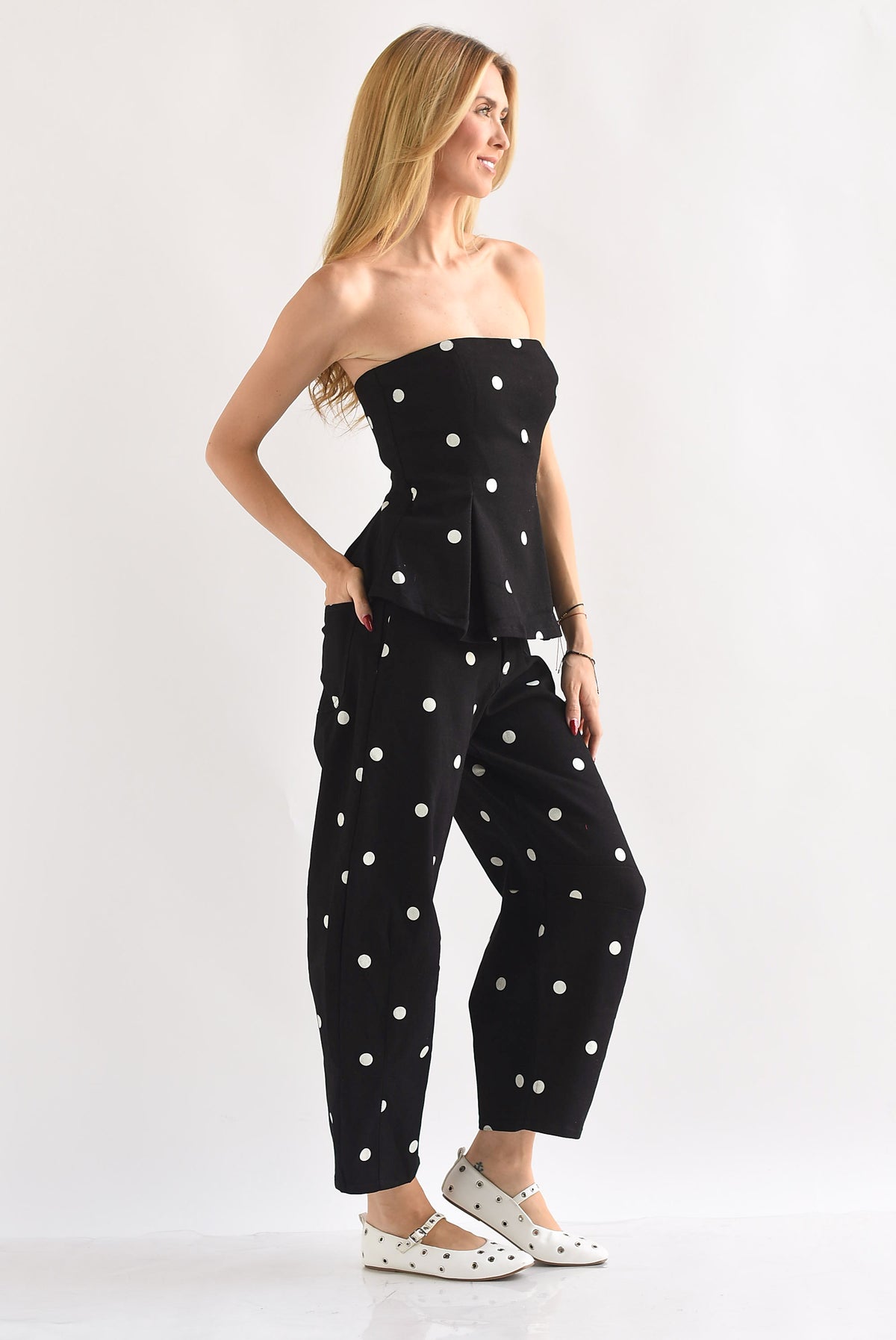 Set Jeans barrel y Top strapless peplum polka dots Denim