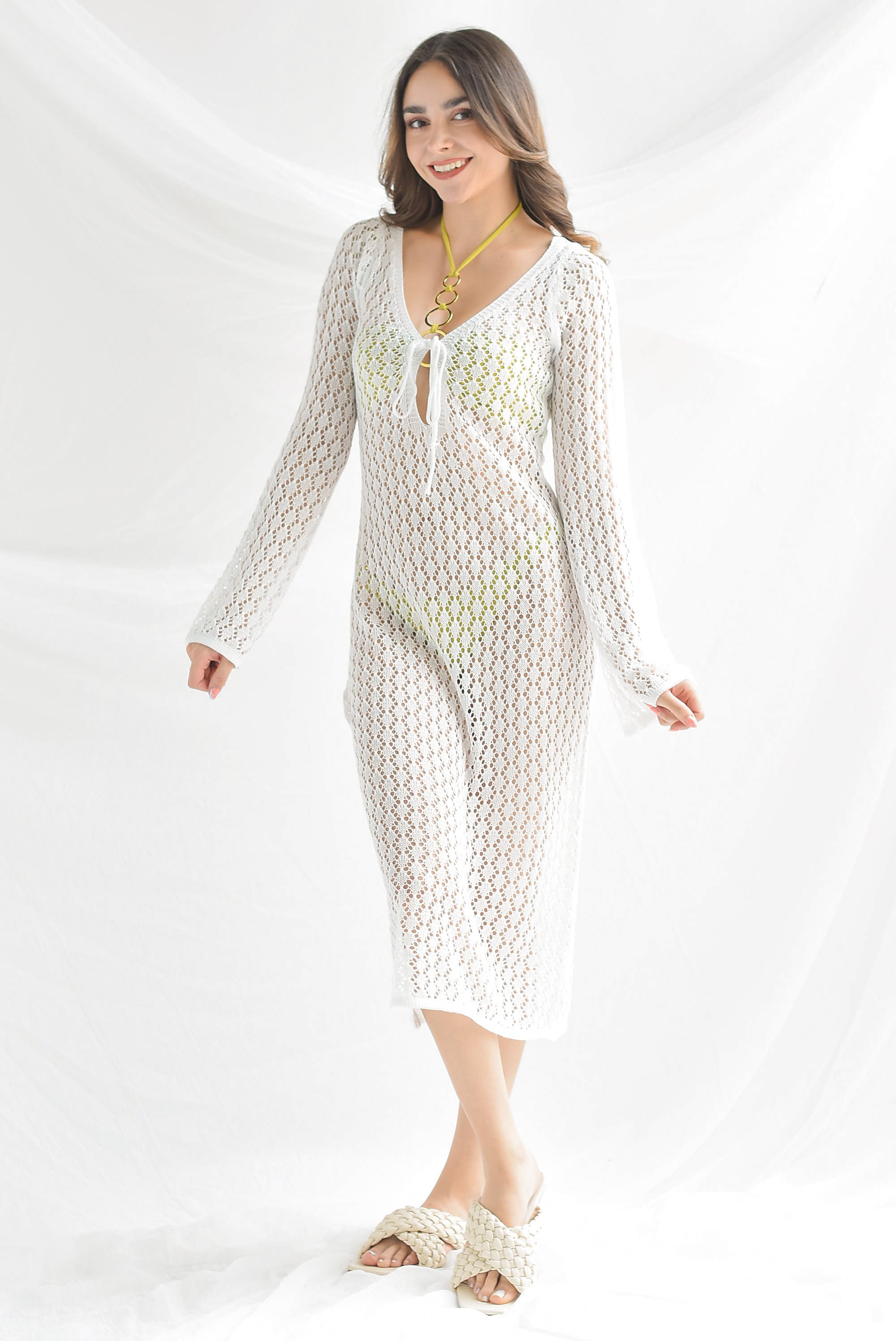 Cover-up crochet manga larga Blanco