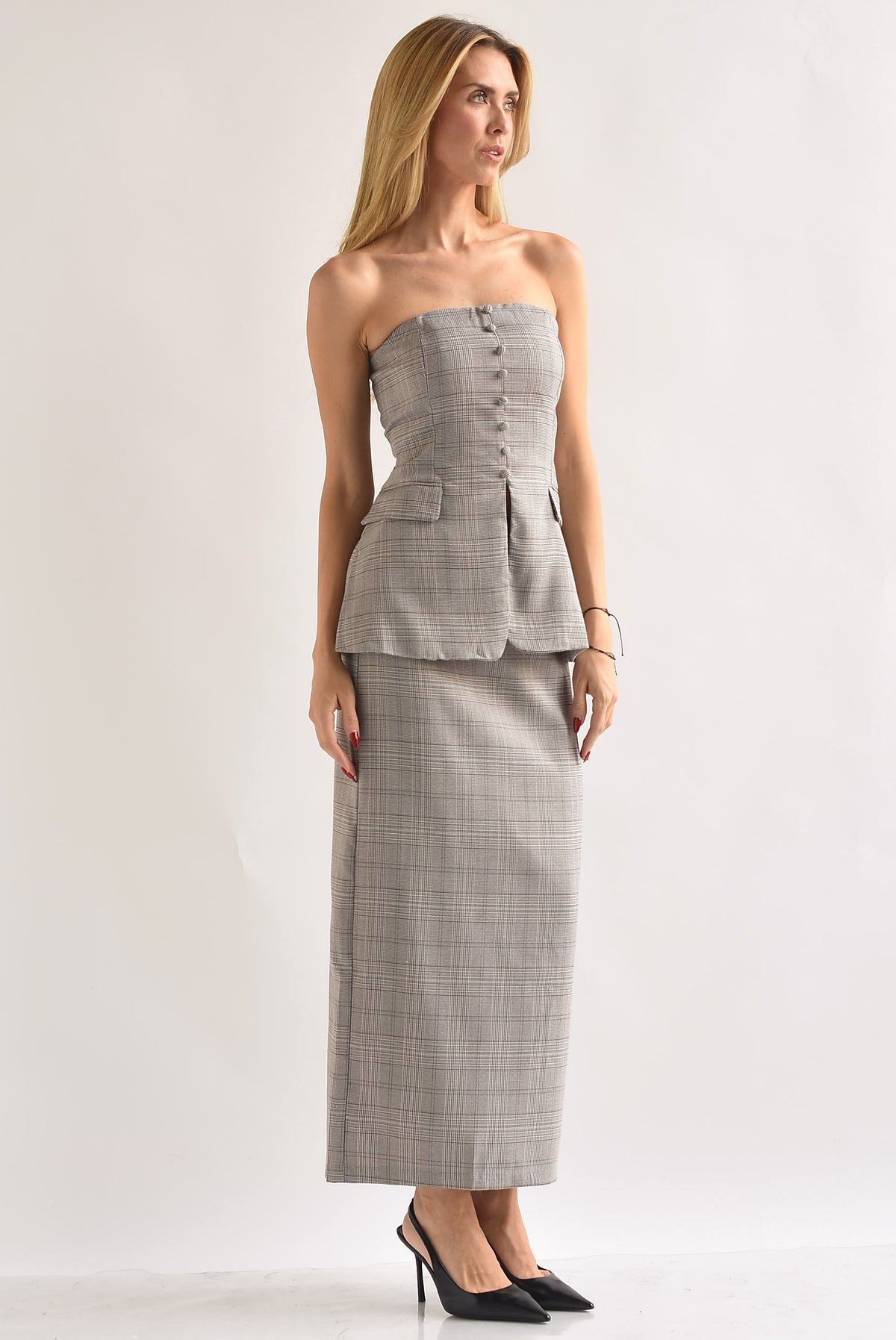 Set Falda lápiz y Blusa strapless cuadros