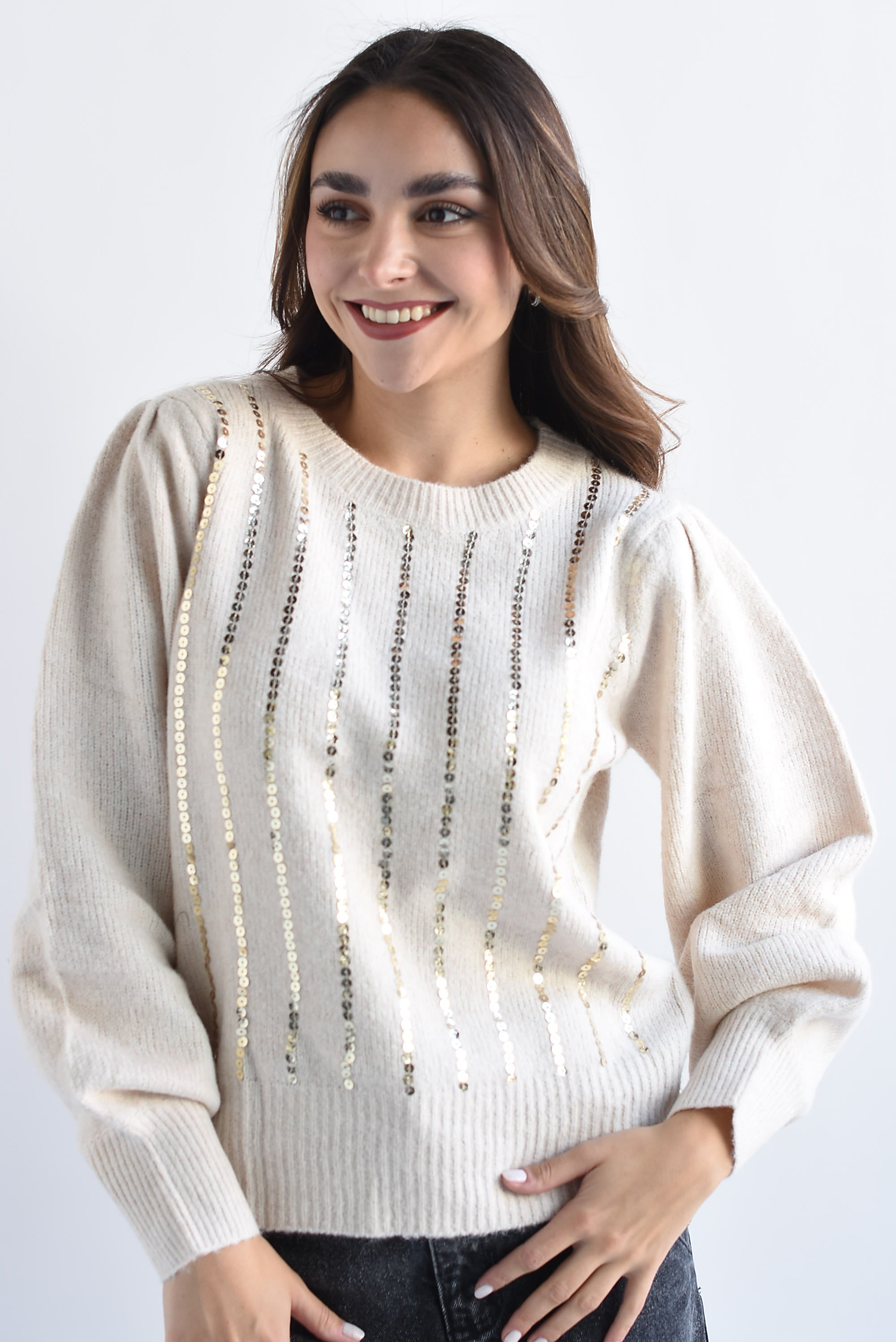 Sweater líneas lentejuela Beige