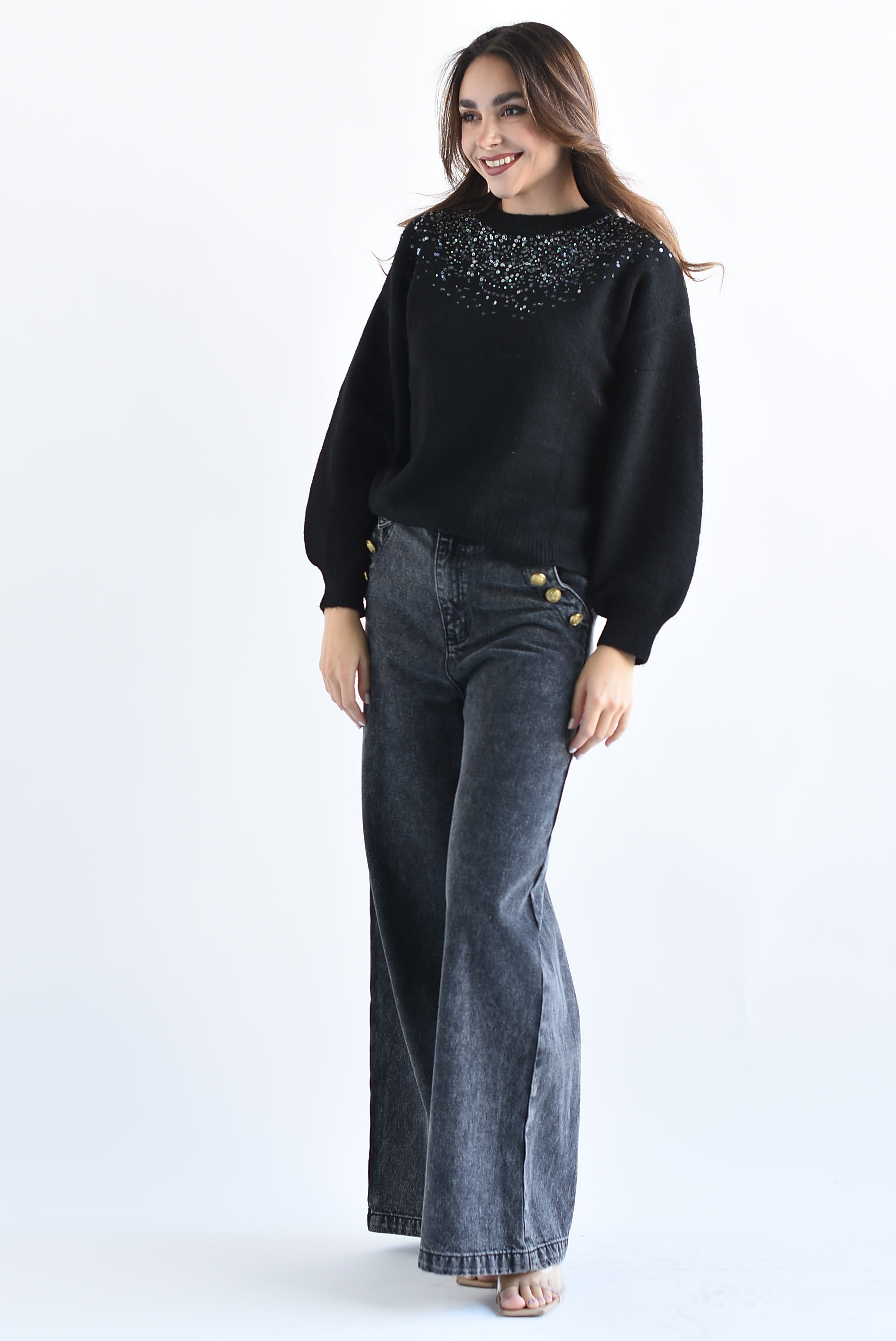Sweater cuello lentejuelas Negro