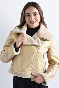 Fashion Styled Chamarra biker vinipiel fur Dorada