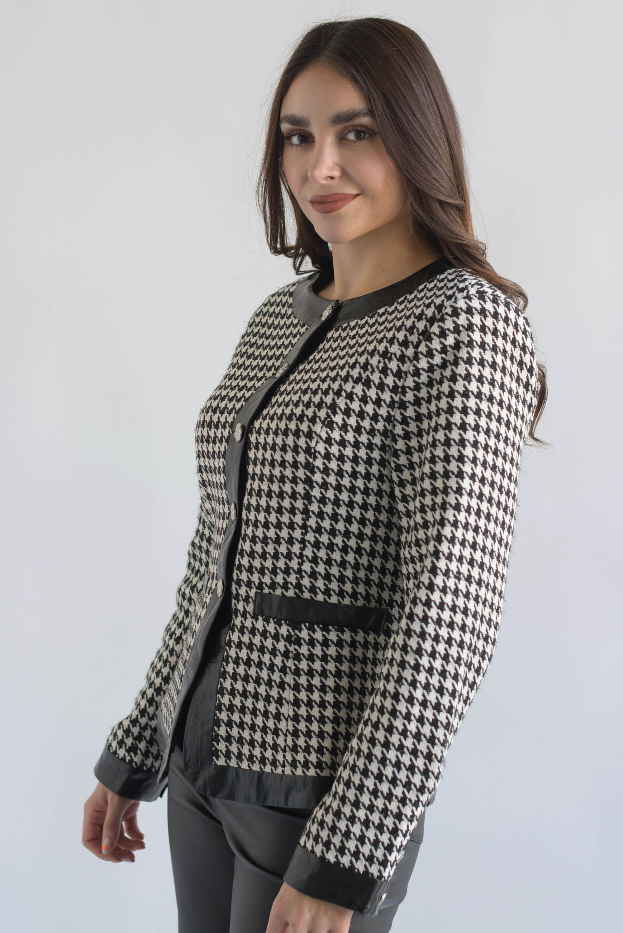 Blazer houndstooth filos vinipiel Blanco & Negro
