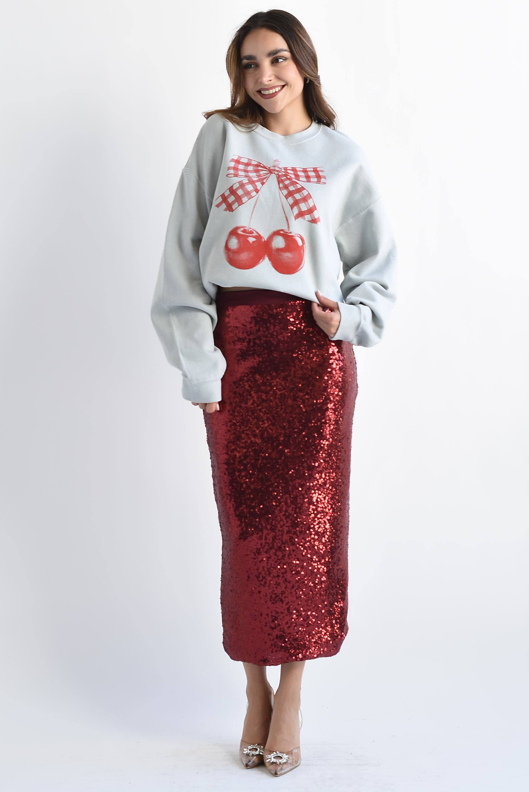 Falda midi lentejuela Vino