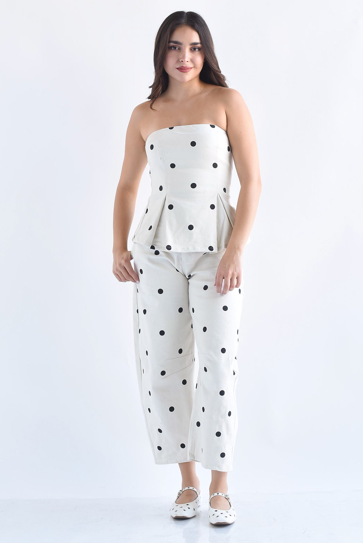 Set Jeans barrel y Top strapless peplum polka dots Denim