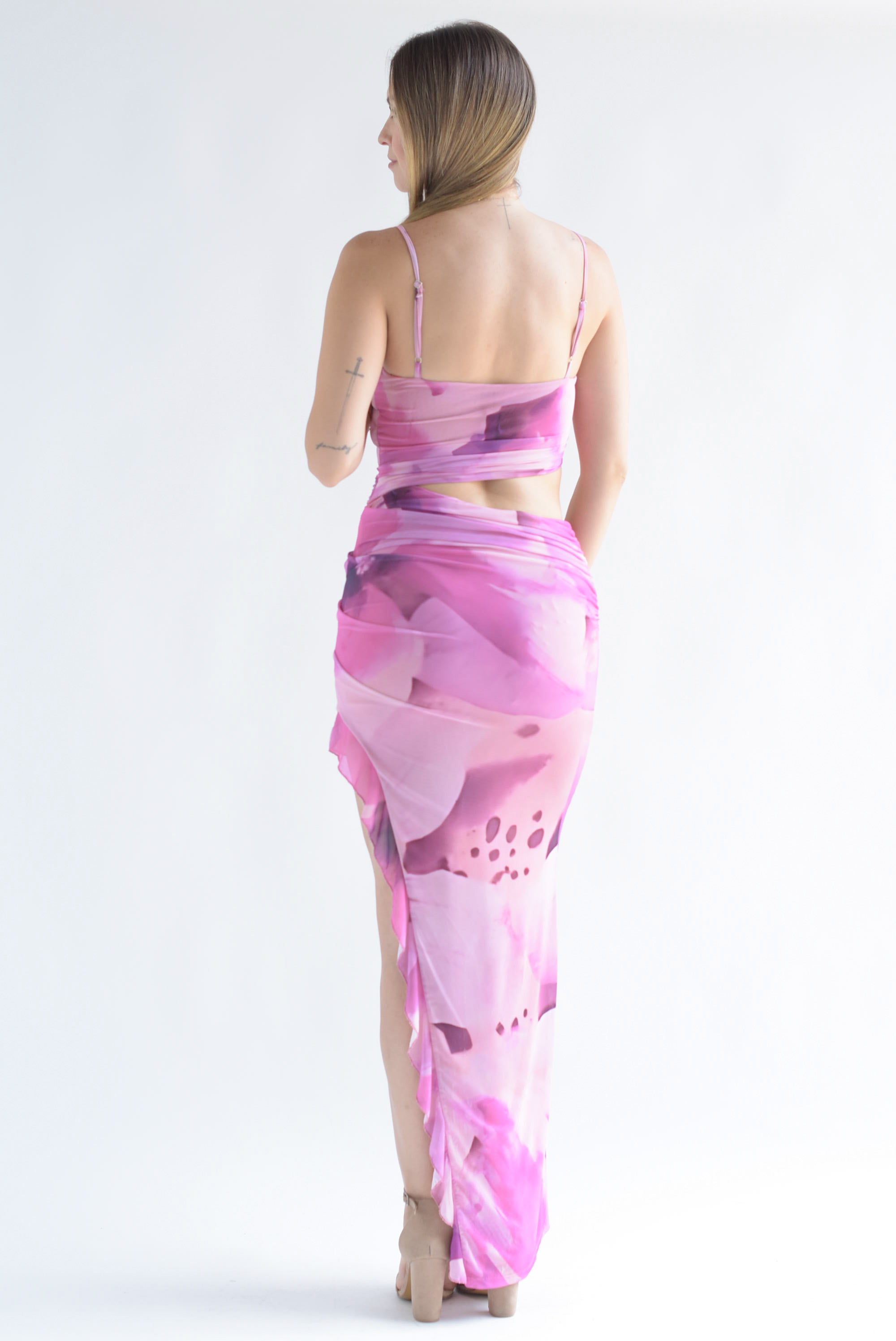 Vestido asimétrico cut-out mesh flores Rosa