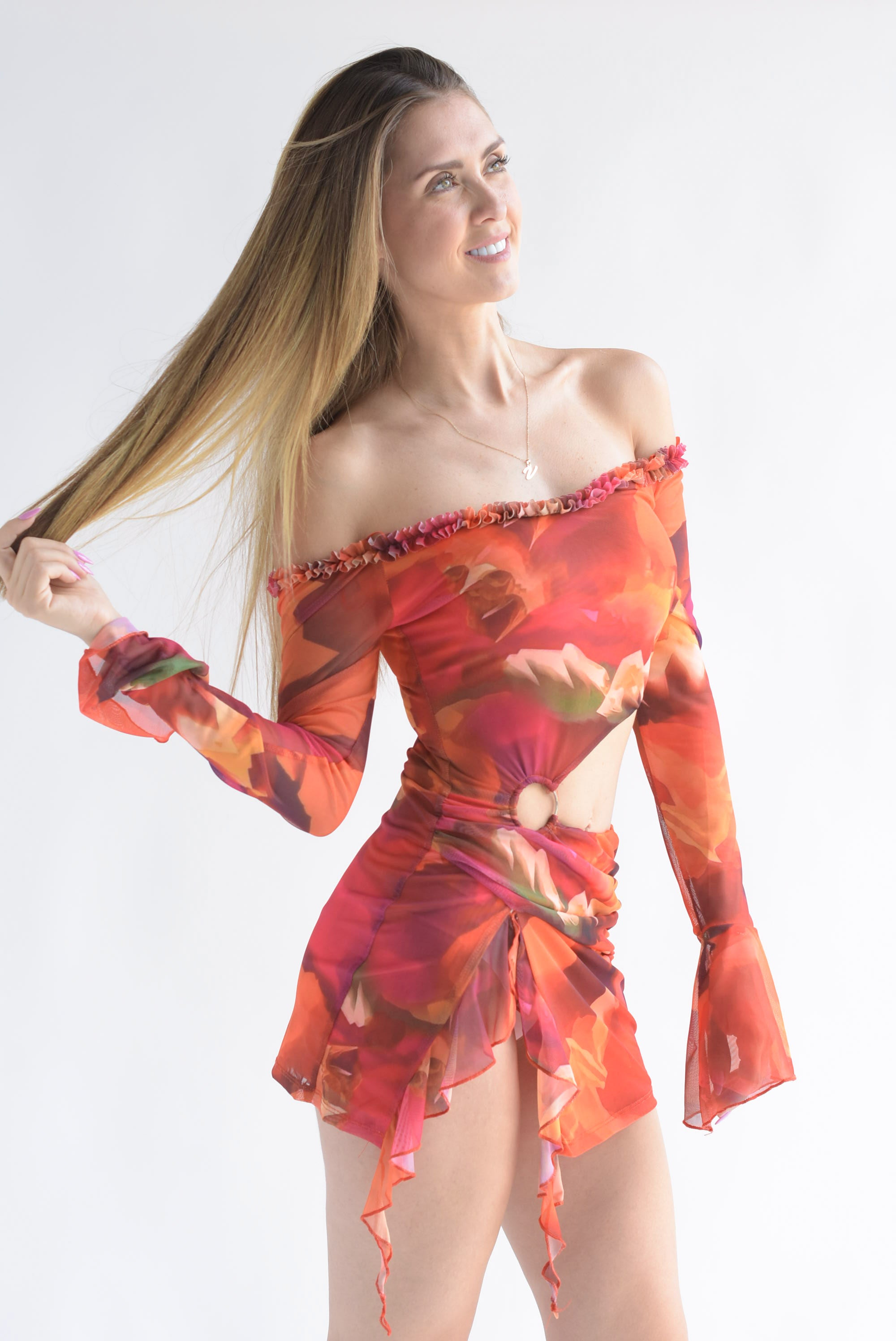 Blusa larga cut-out mesh flores Naranja