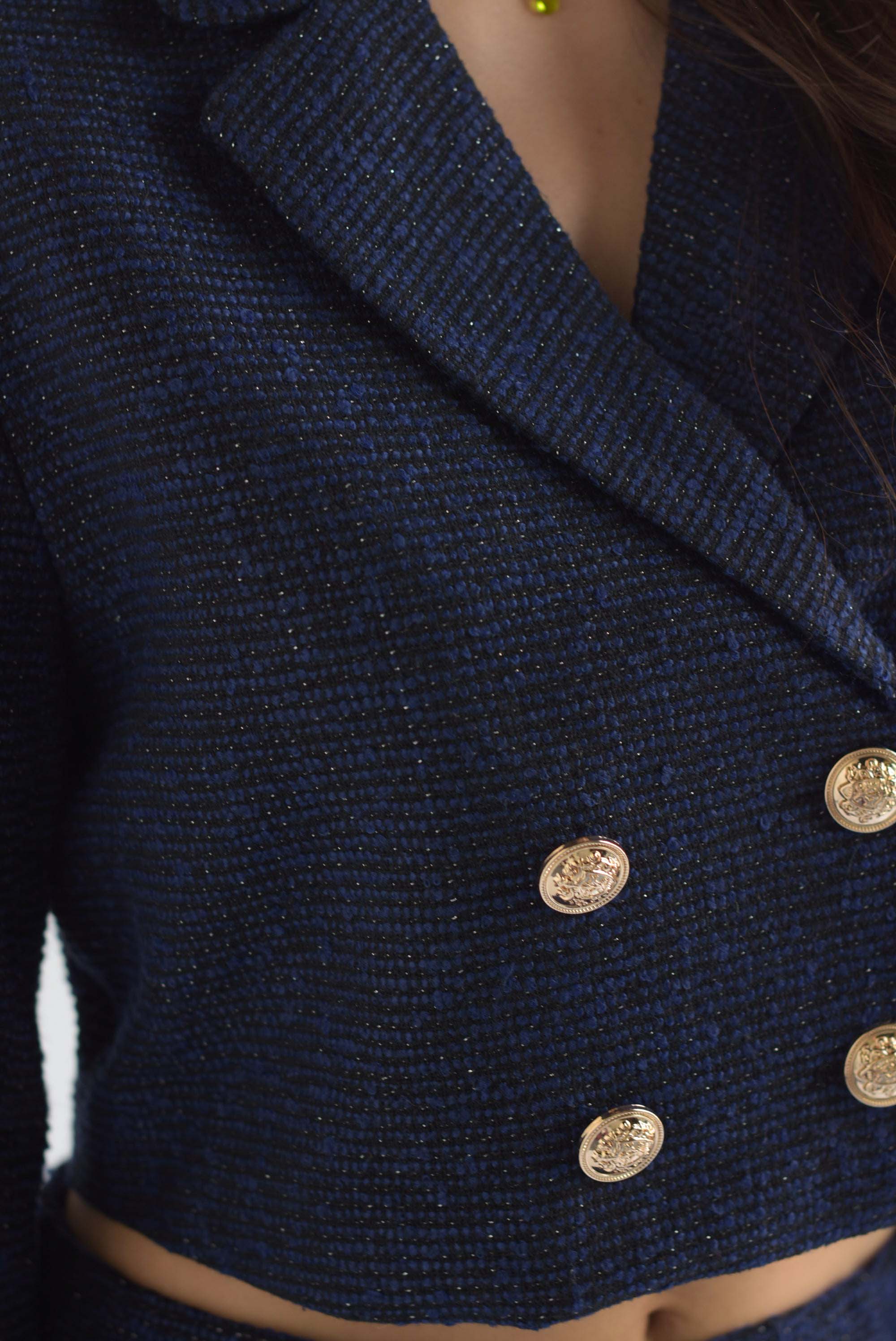 Set Short y Blazer botones cruzados tweed Azul Marino