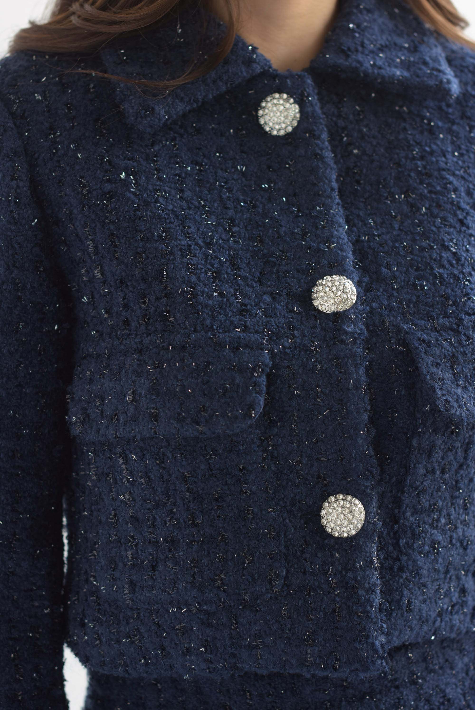 Set Falda y Blazer tweed botón joya Azul Marino