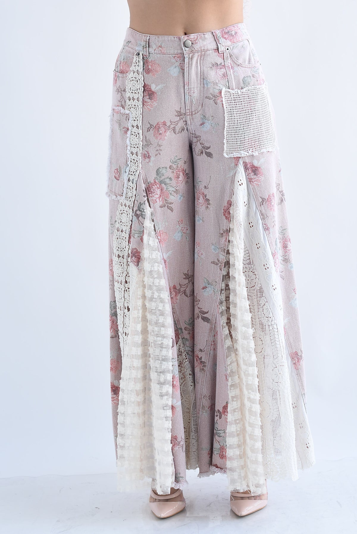 Jeans maxi campana encaje flores