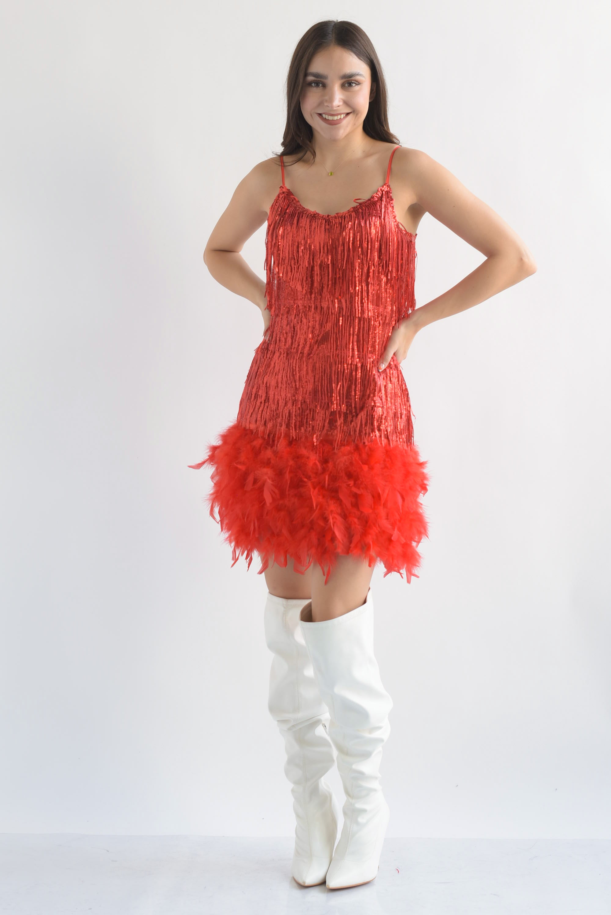 Vestido flecos lentejuela y plumas Rojo