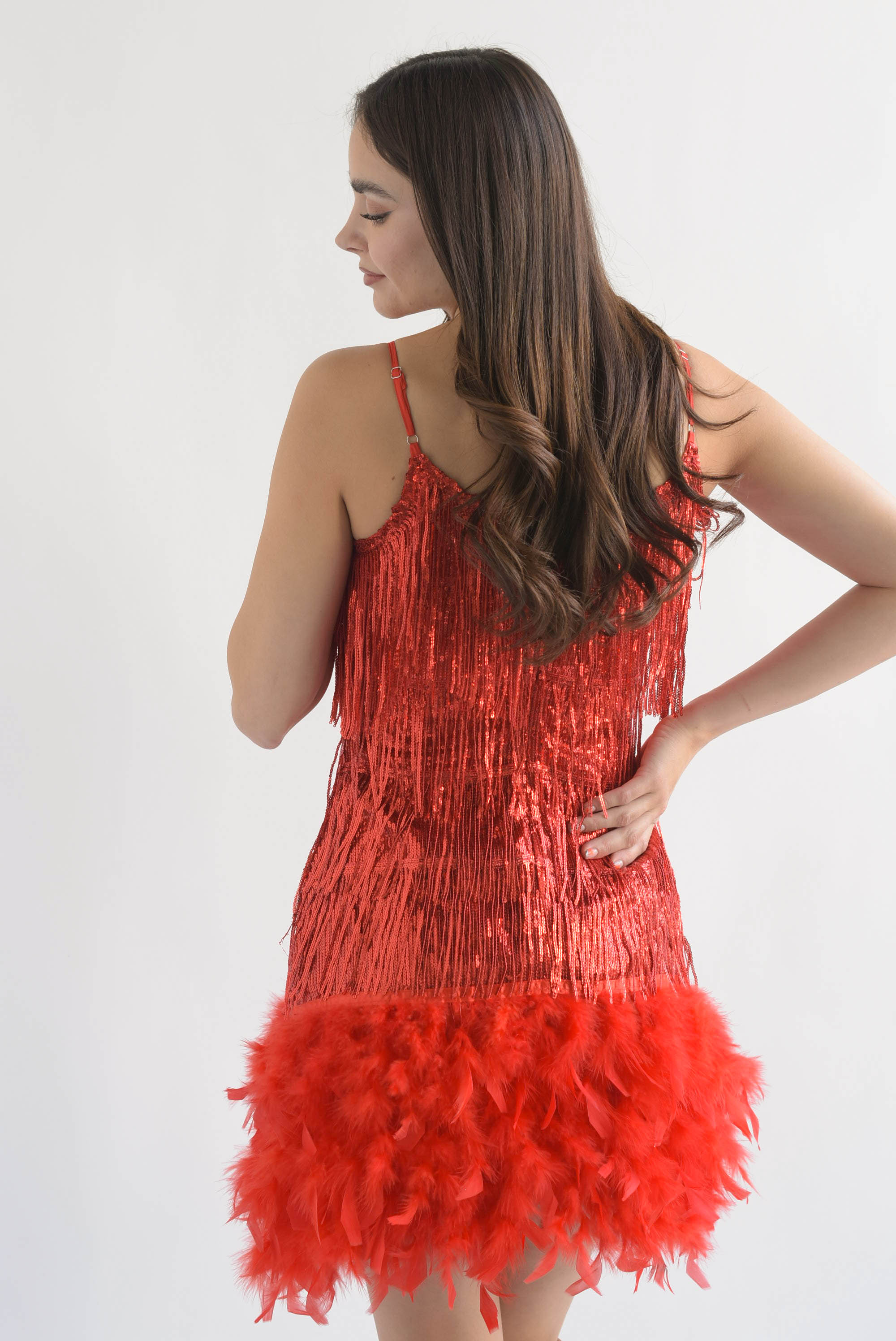 Vestido flecos lentejuela y plumas Rojo