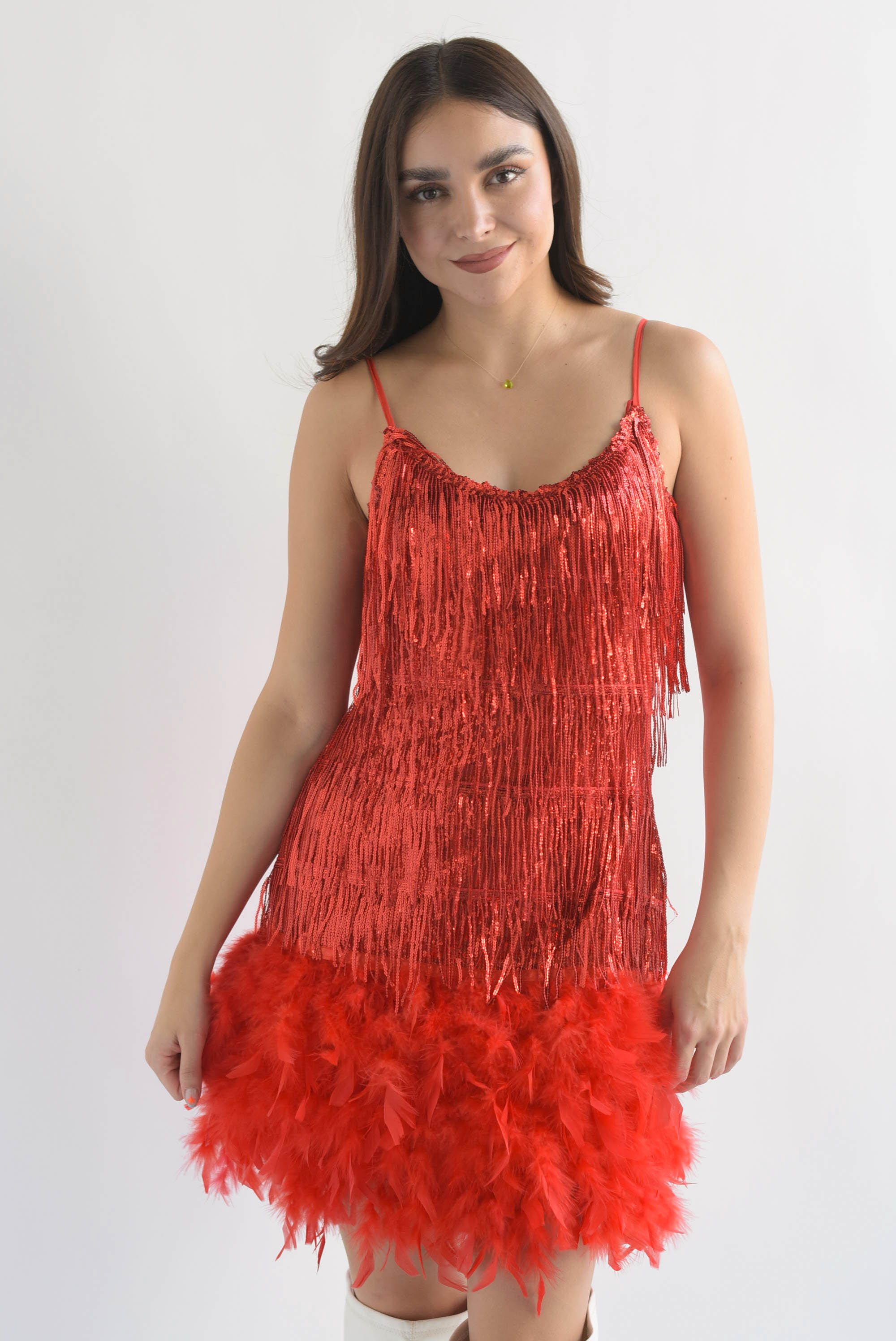 Vestido flecos lentejuela y plumas Rojo
