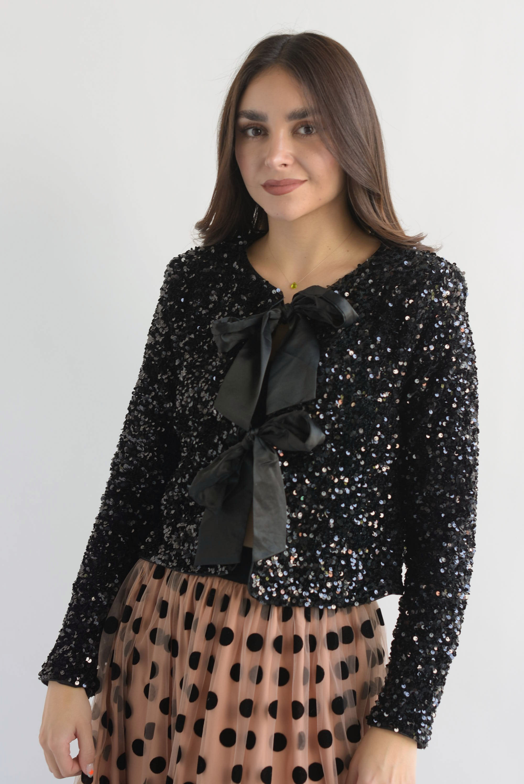 Blazer corto lentejuela lazos Negro