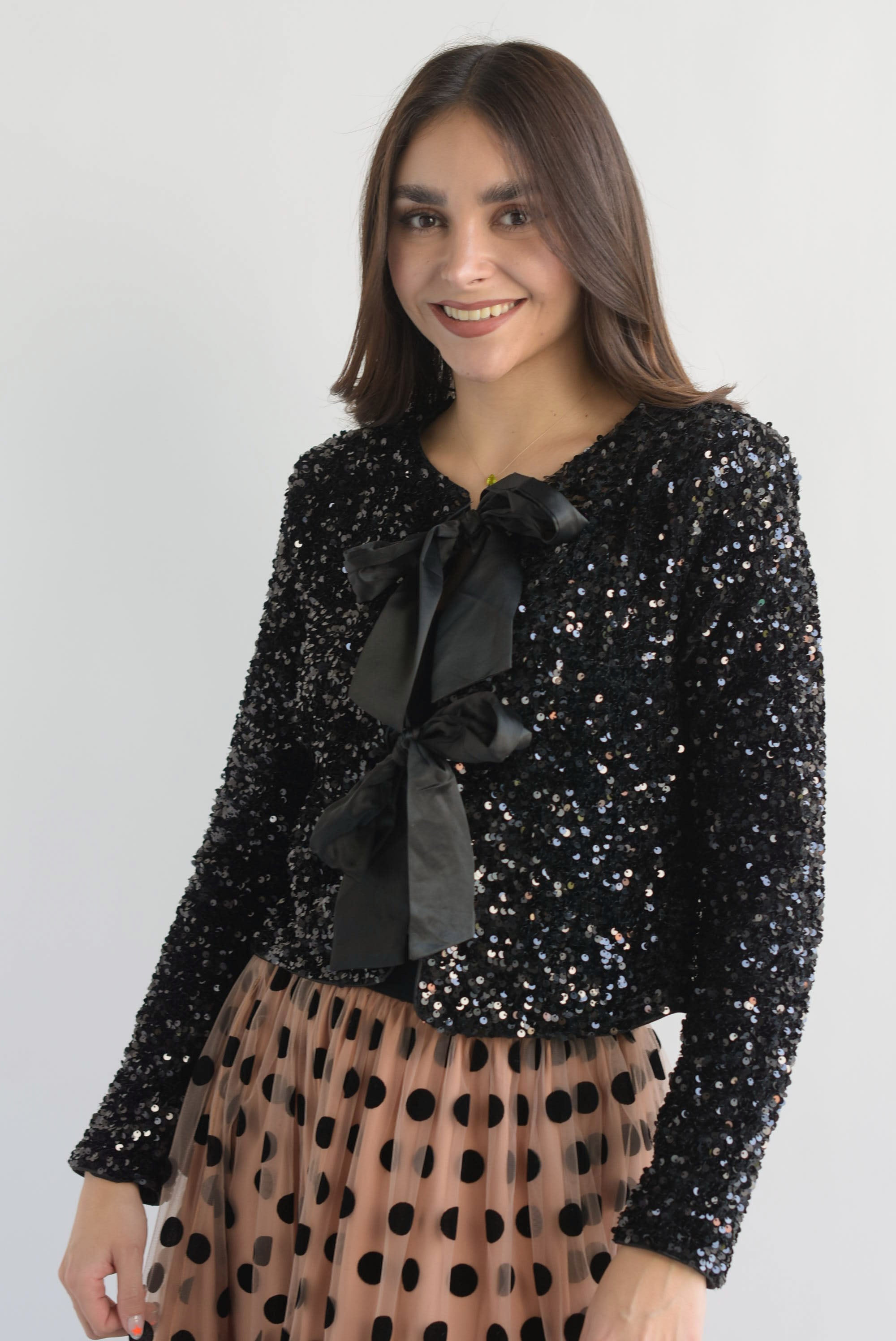 Blazer corto lentejuela lazos Negro