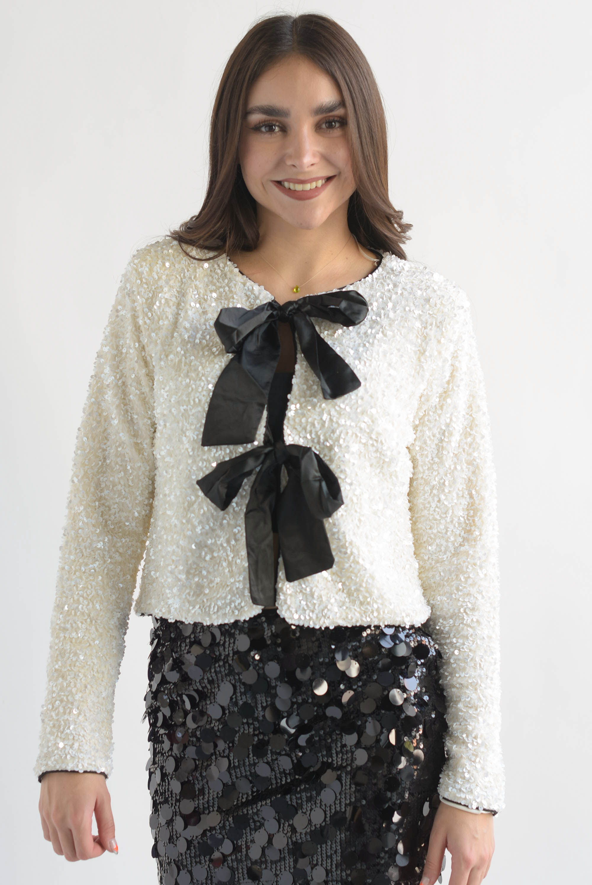 Blazer corto lentejuela lazos Blanco Cloud