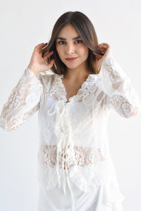 Fashion Styled Blusa olán lazos encaje Blanco