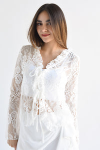 Fashion Styled Blusa olán lazos encaje Blanco