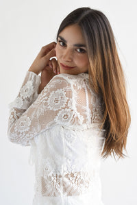 Fashion Styled Blusa olán lazos encaje Blanco