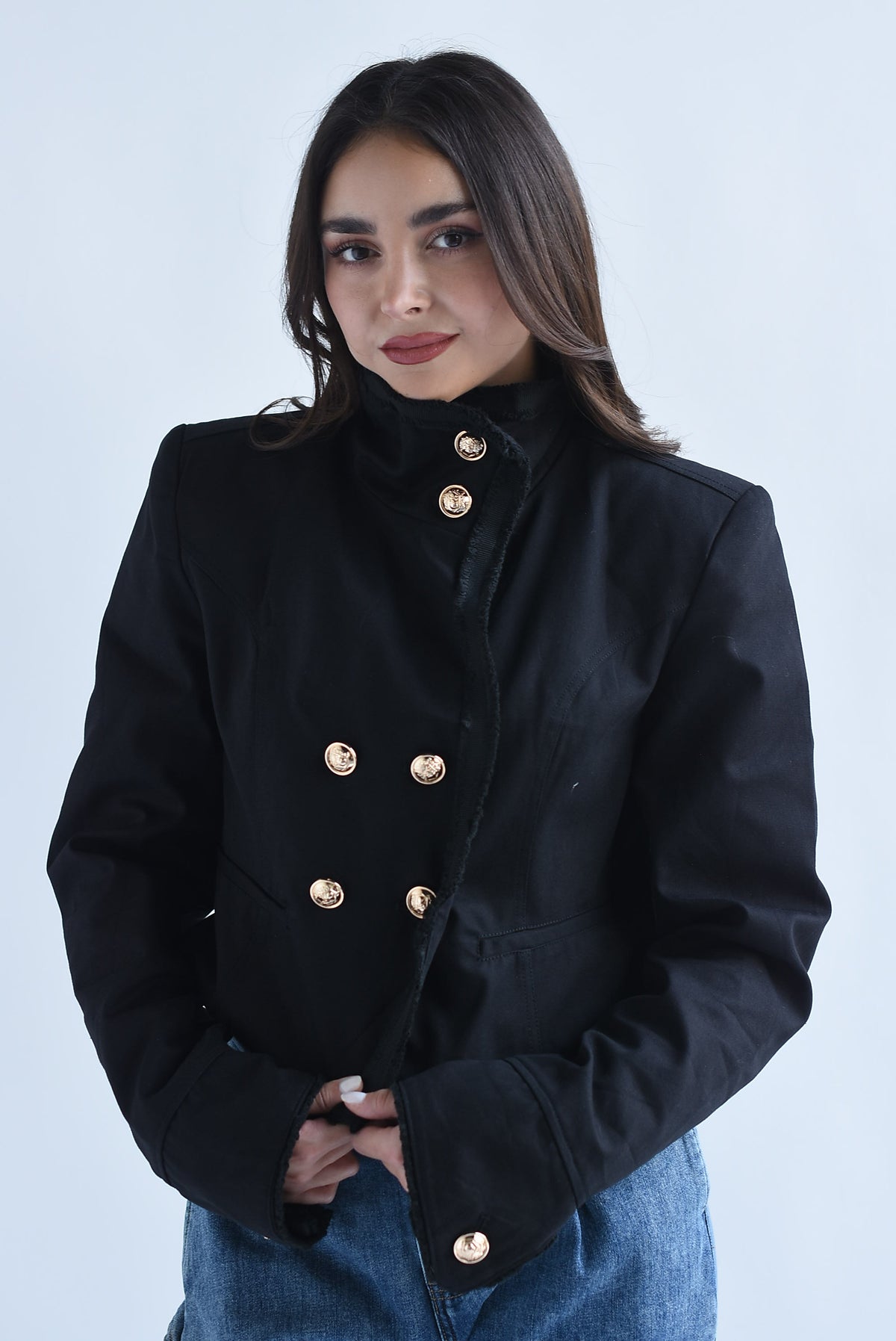 Blazer botones cruzados cuello funnel Denim