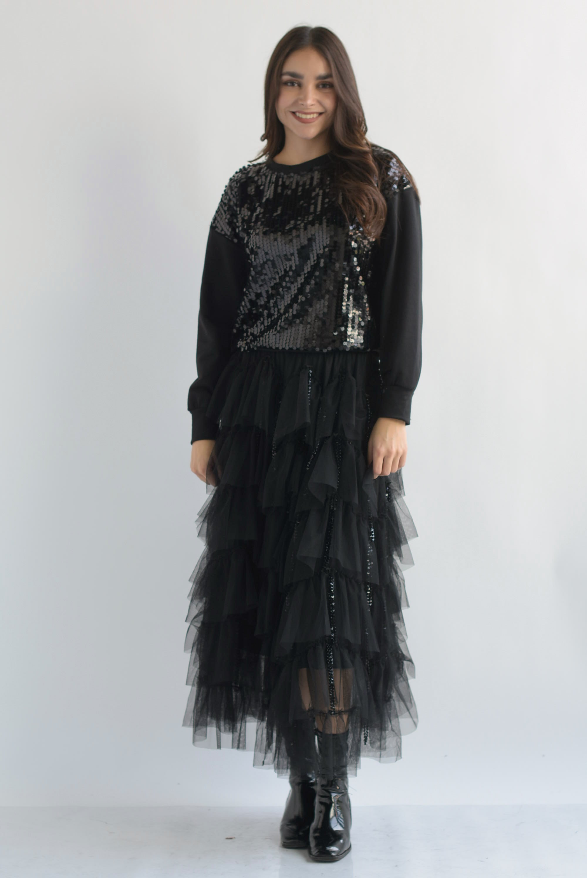 Falda olanes tulle flecos lentejuela Negro