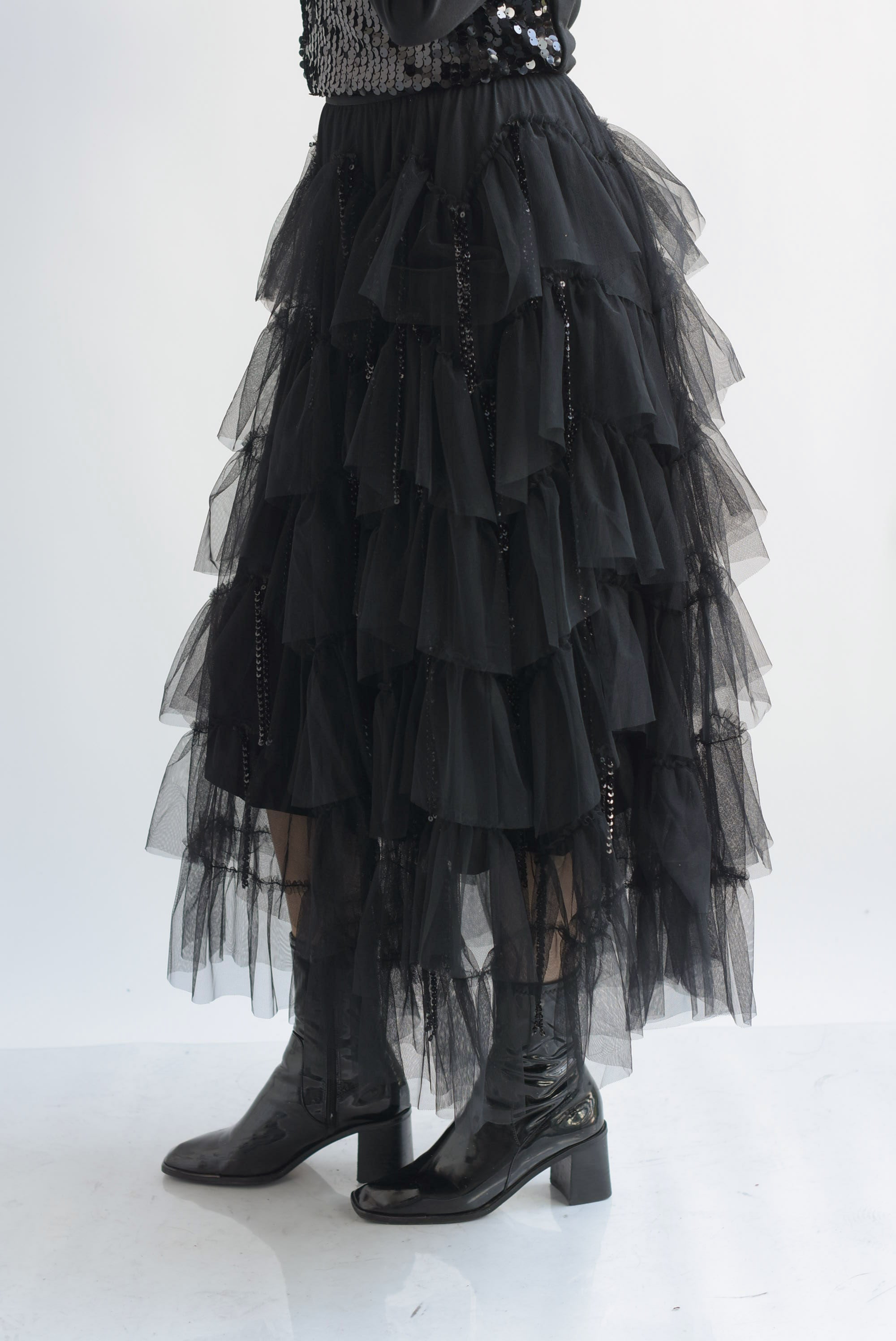 Falda olanes tulle flecos lentejuela Negro