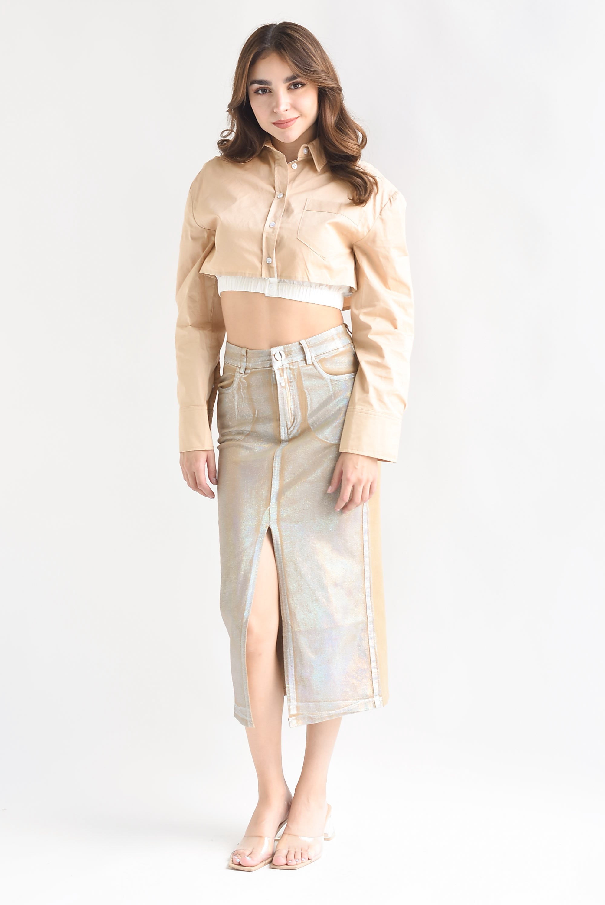 Falda recta denim foil Camel