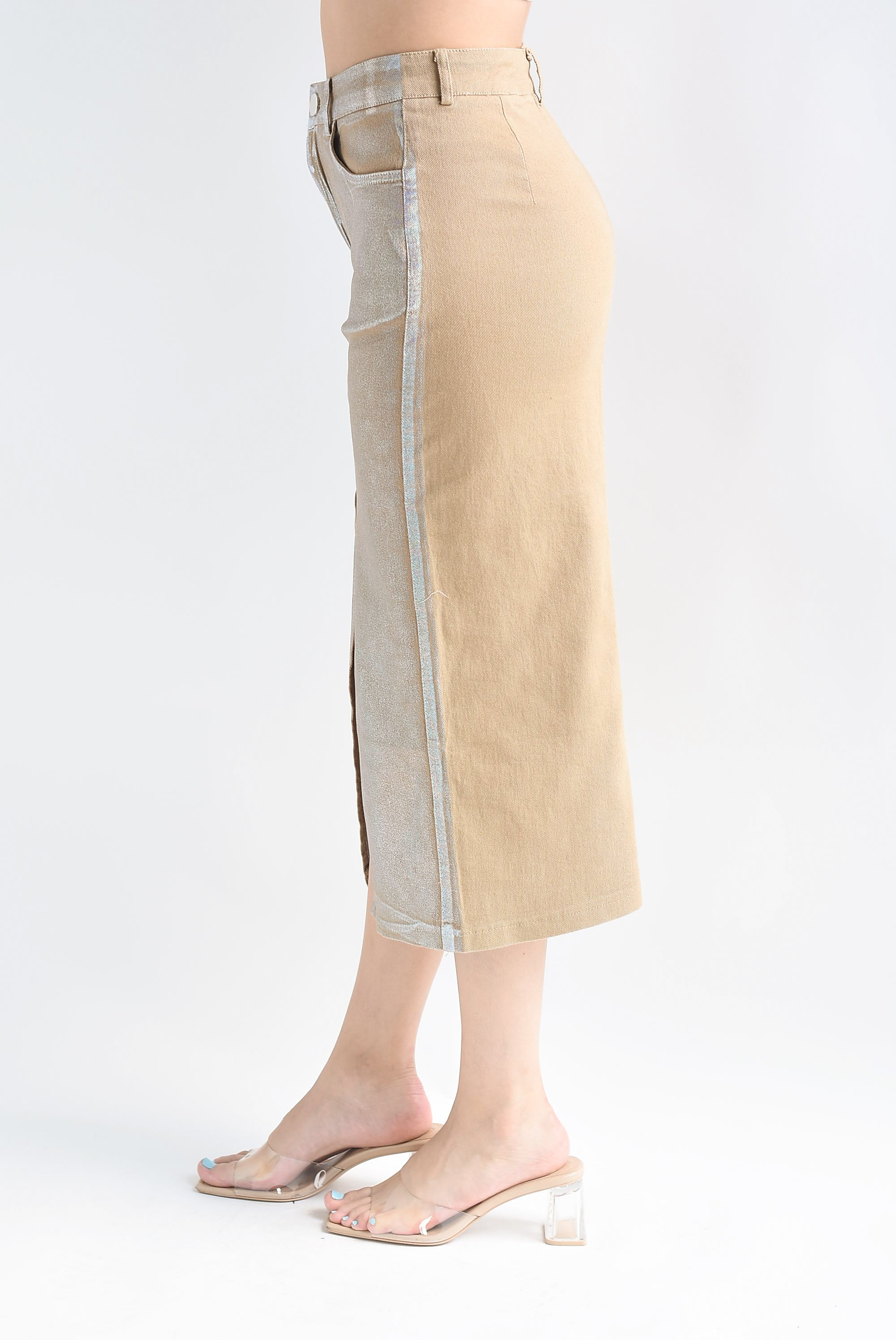 Falda recta denim foil Camel