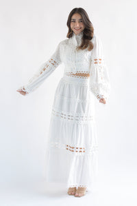 Fashion Styled Set Falda y Blusa calado manga larga Blanco