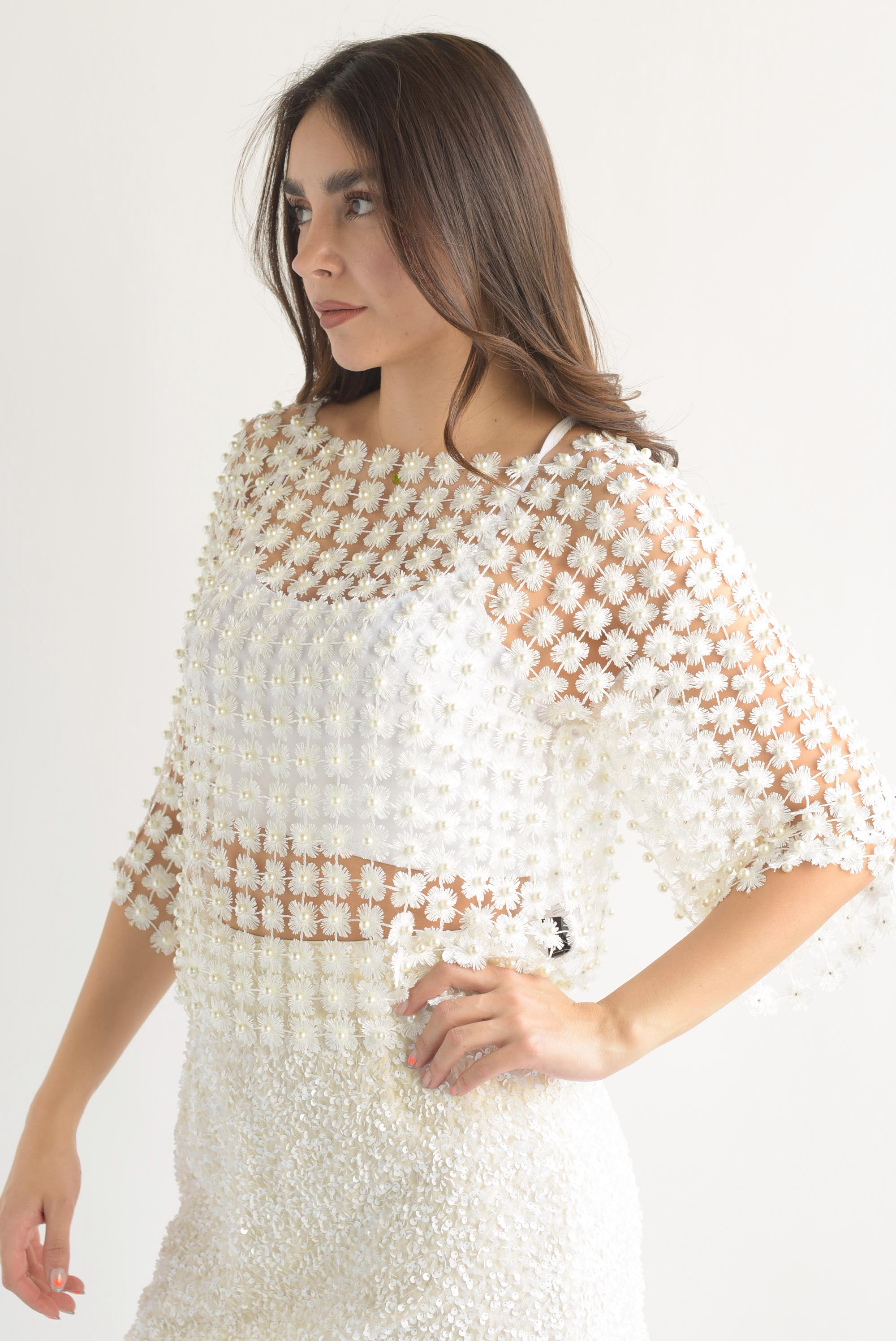Blusa flores perlas calada Blanco