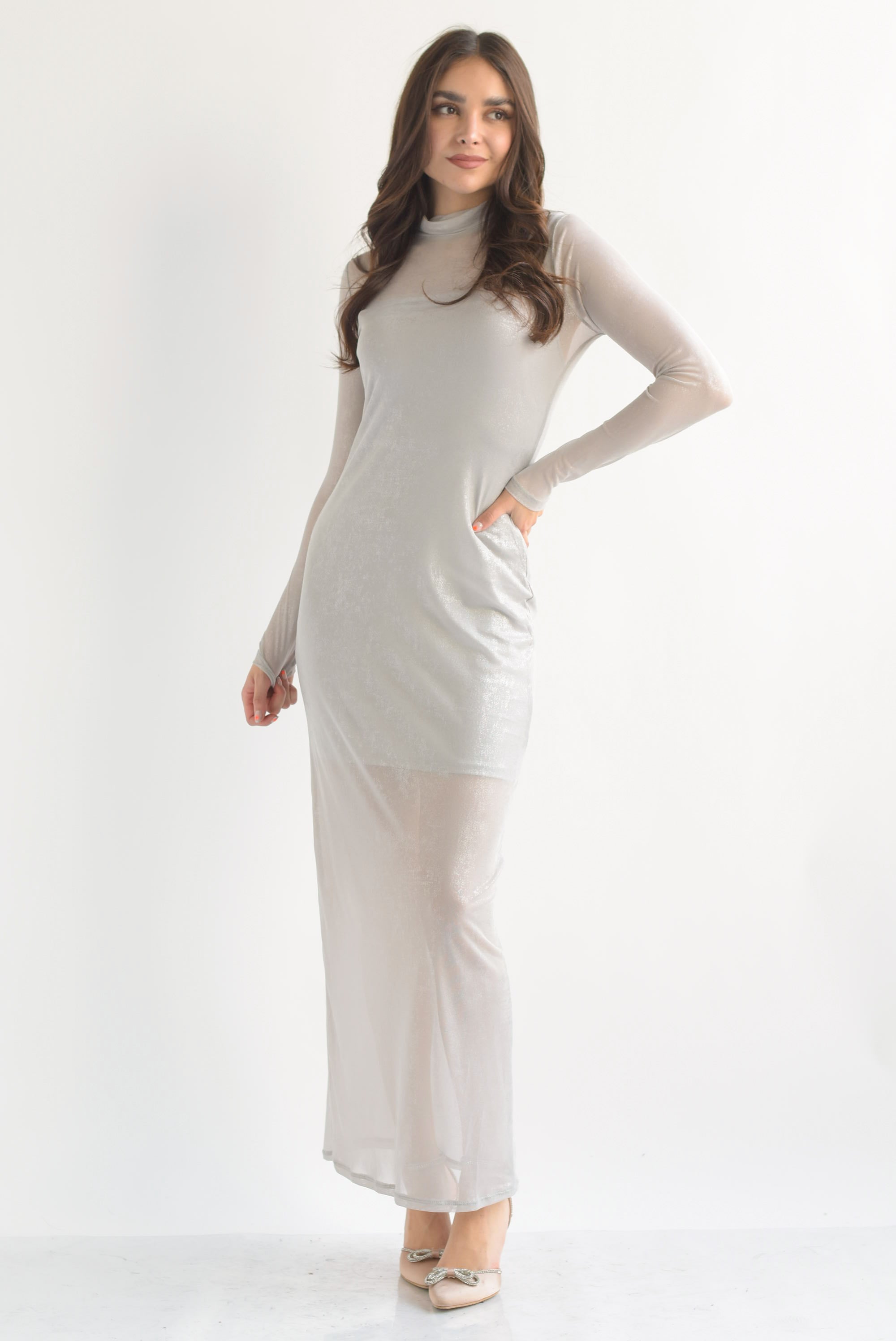 Vestido largo mesh foil Gris