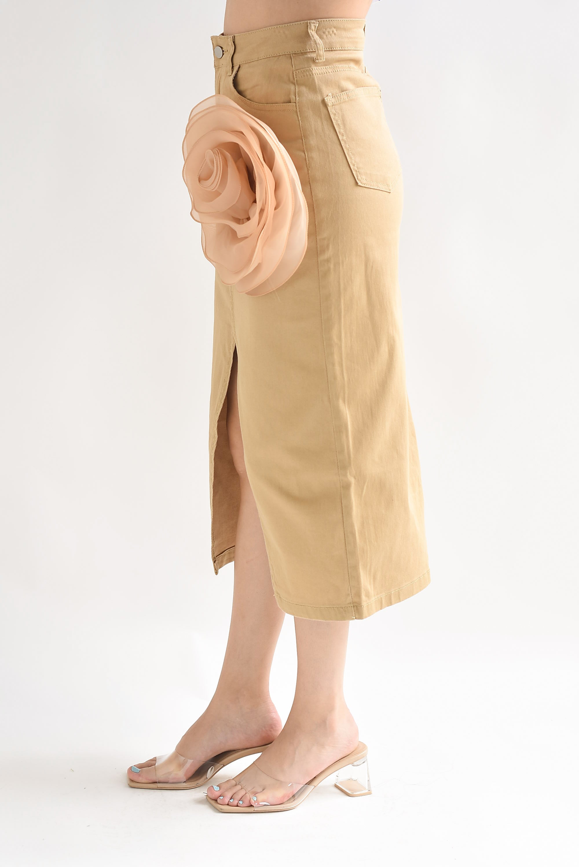 Falda recta flor 3D Camel