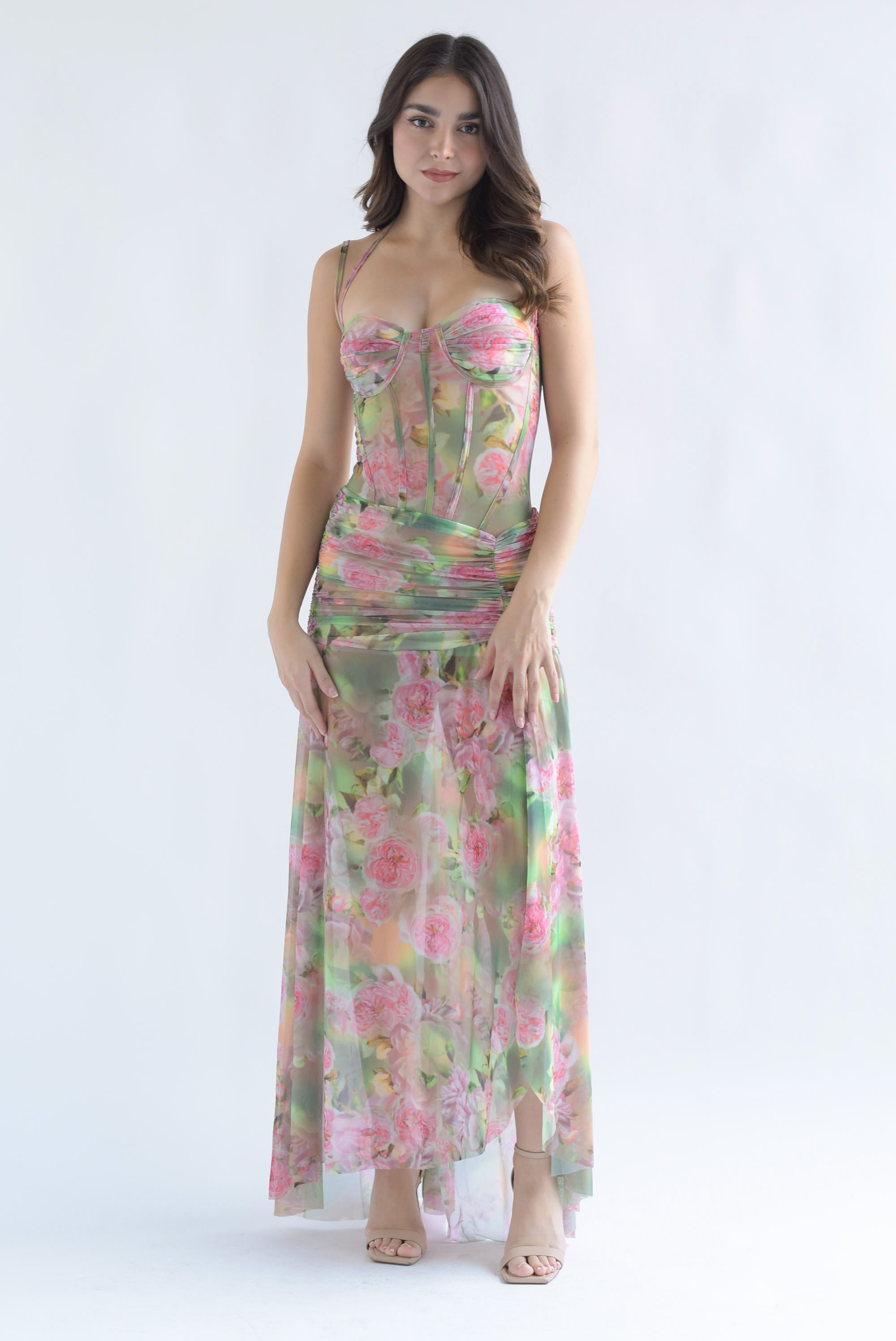 Vestido mesh corset peonias Verde