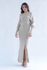 Fashion Styled Vestido largo punto manga vampiro Beige