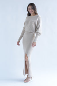 Fashion Styled Vestido largo punto manga vampiro Beige