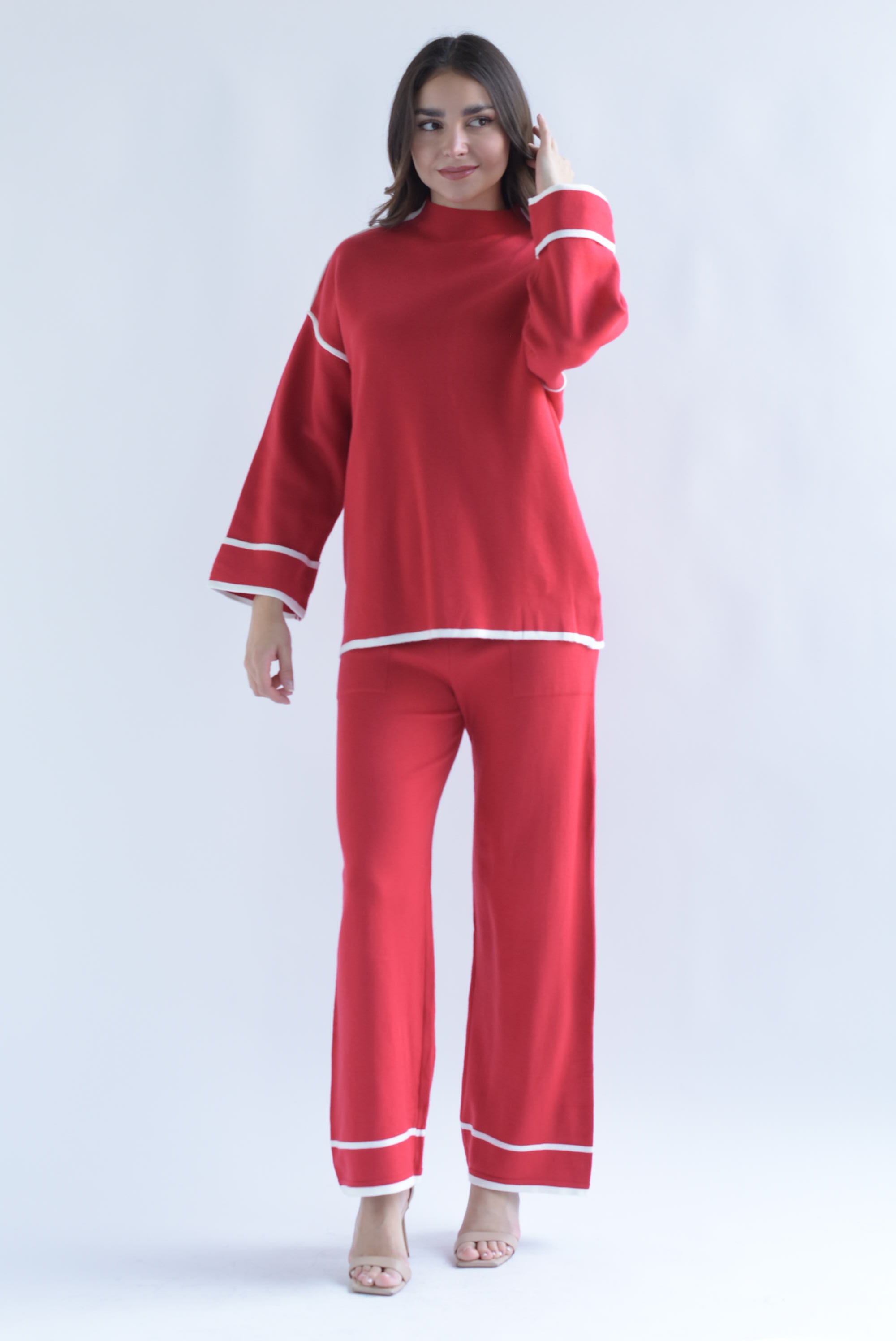 Set Pantalón y Sweater punto filos dobladillo Rojo